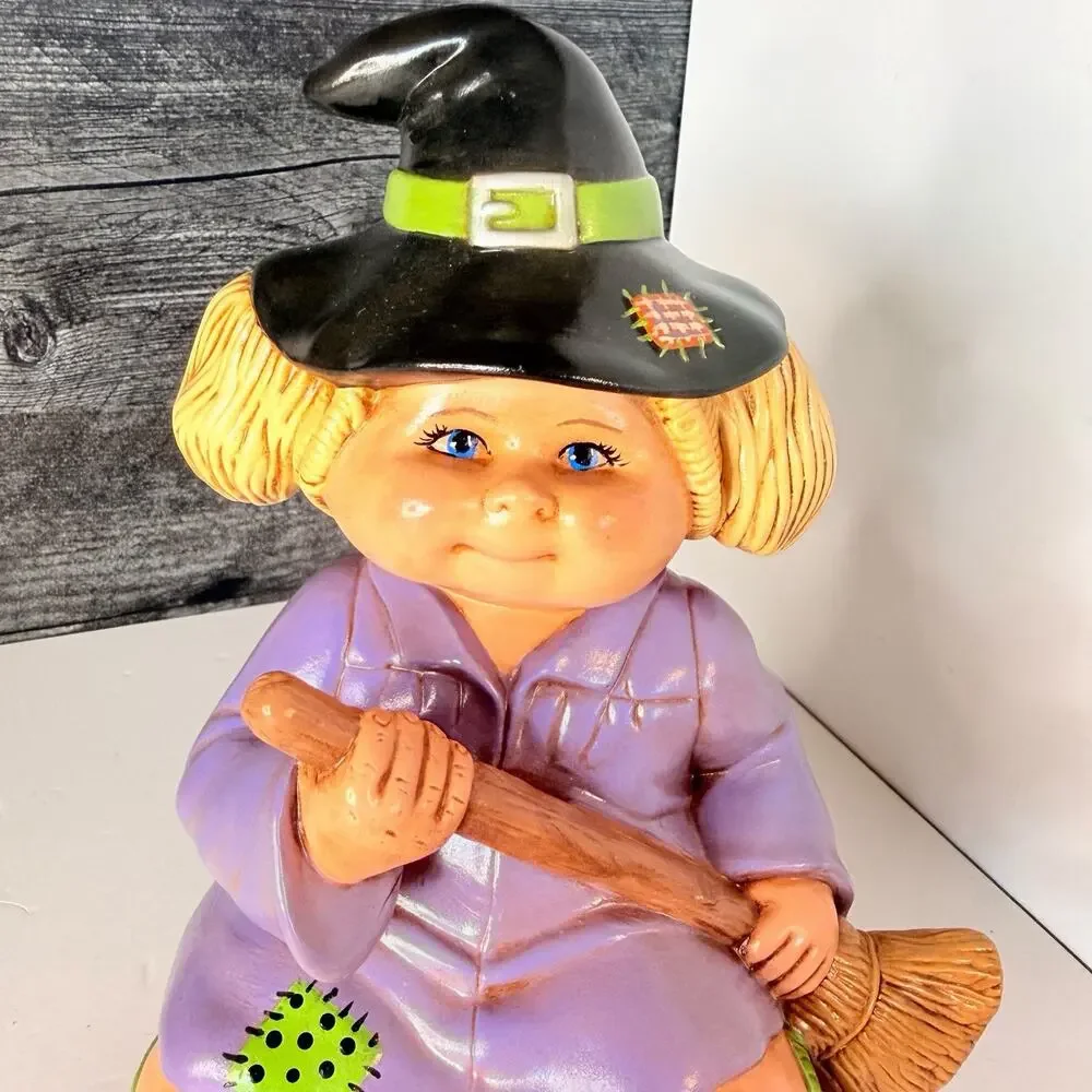 Vintage Ceramic Cabbage Patch Kids Halloween Witch Sitting on Pumpkin Figurine